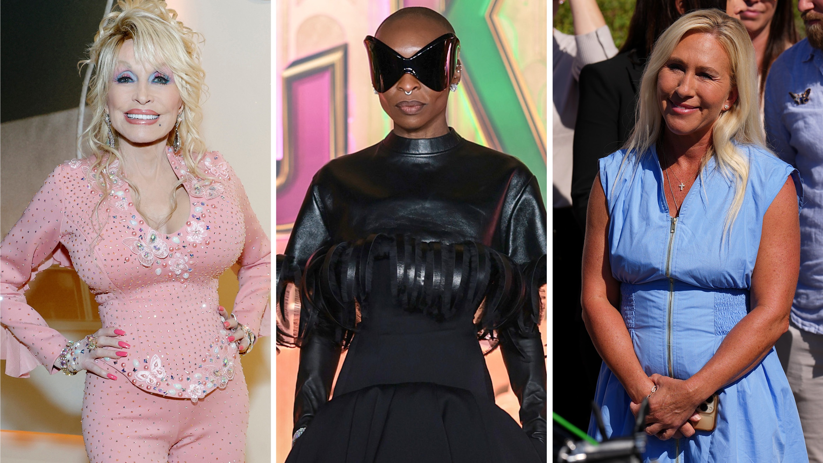 From left: Dolly Parton, Cynthia Erivo, Marjorie Taylor Greene.